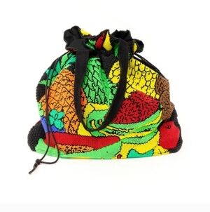 Vintage 70s Embroidered Bucket Bag with tropical Fruit Embroidered